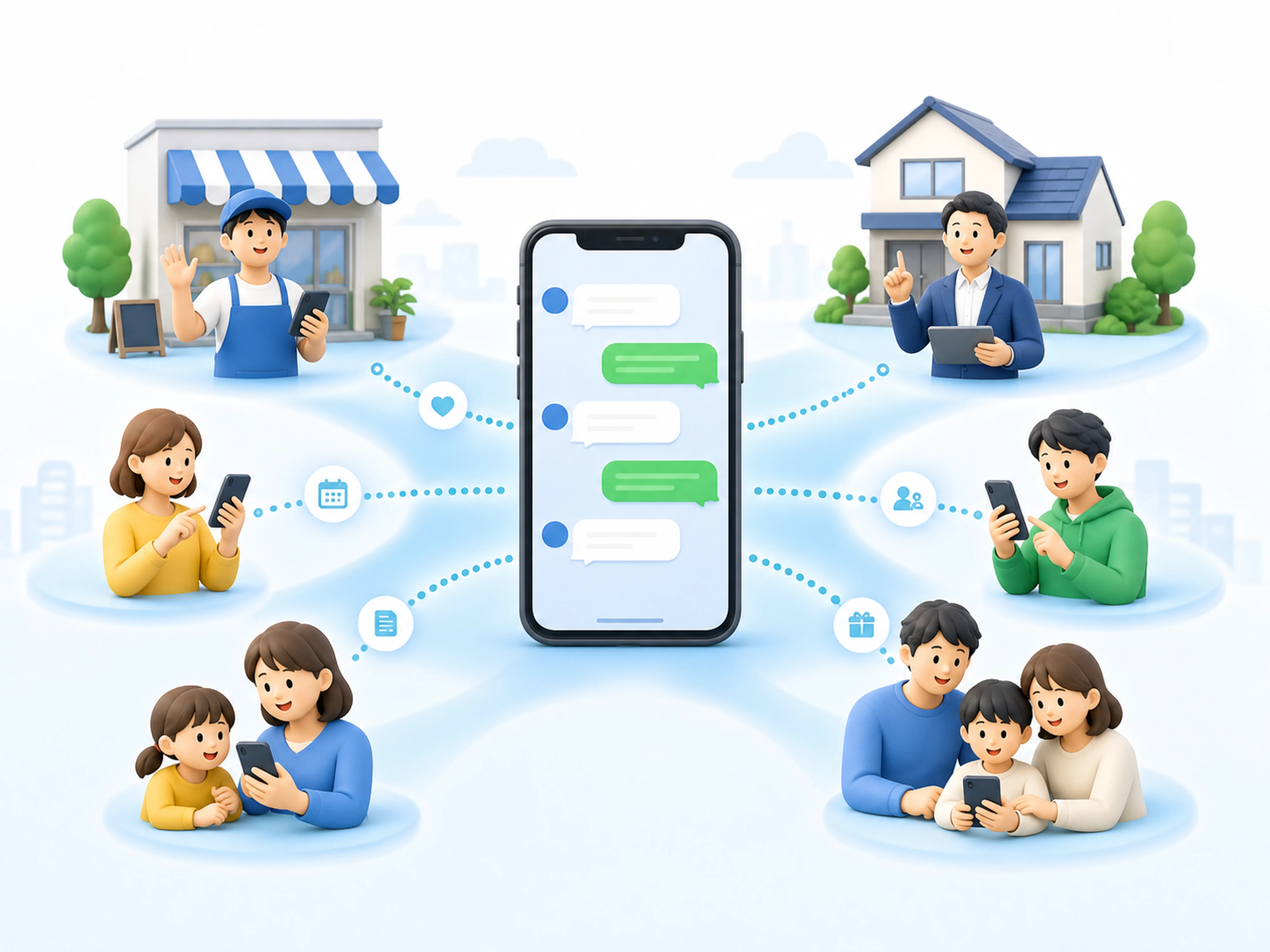 店舗や住宅事業者と複数のお客様がスマートフォンを中心につながるイラスト