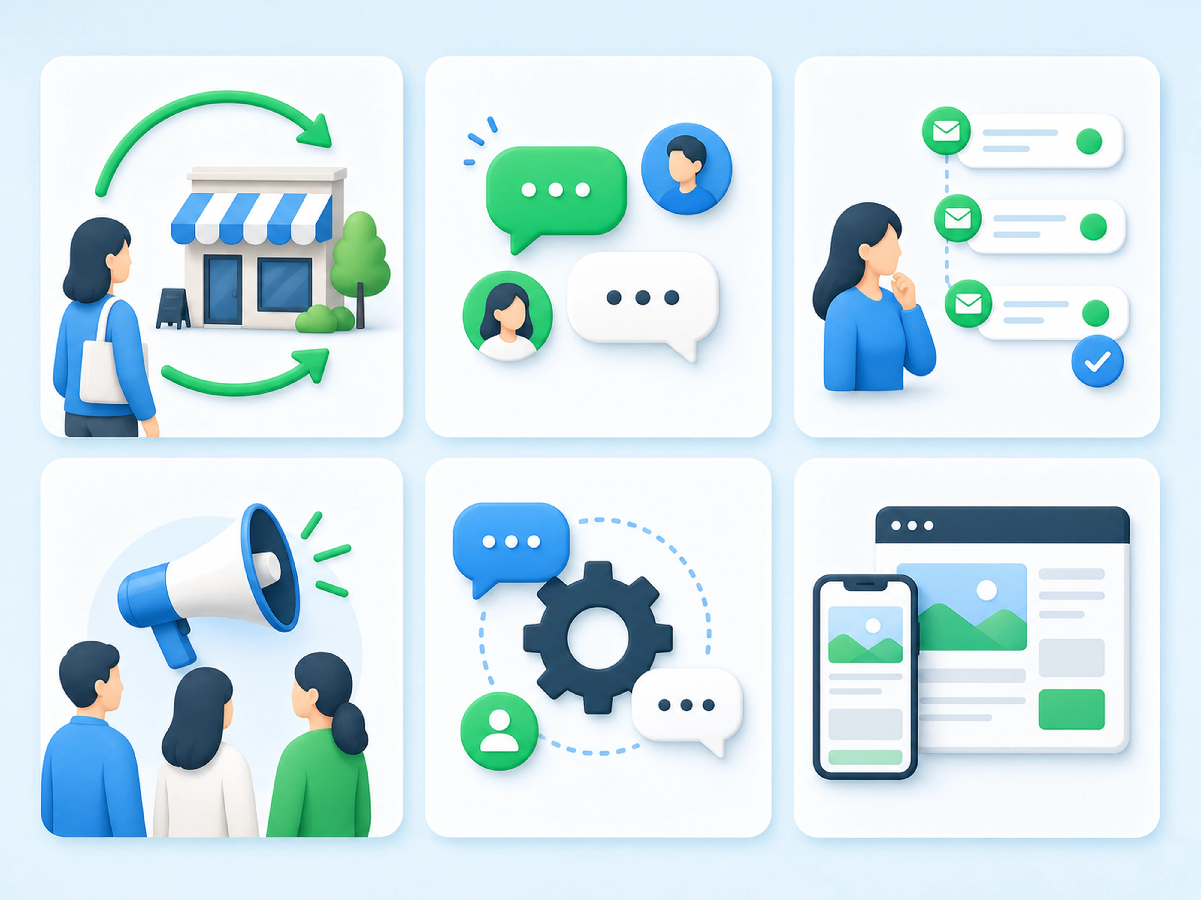 再来店、問い合わせ、見込み客フォロー、告知、対応効率化、WEB連携の6つの効果を表すイラスト