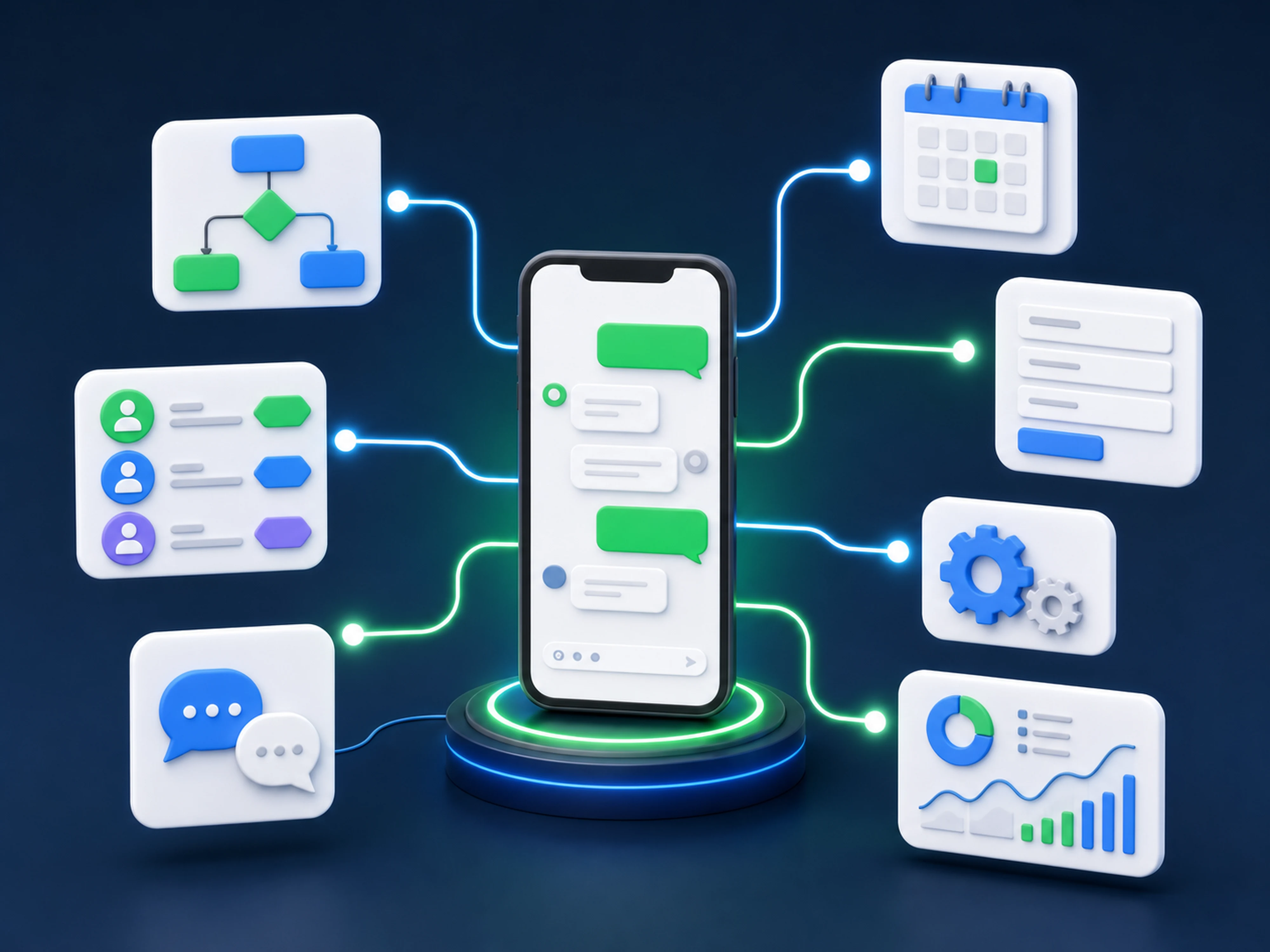 スマートフォンからシナリオ配信、顧客管理、予約、自動応答、分析へ連携するイラスト